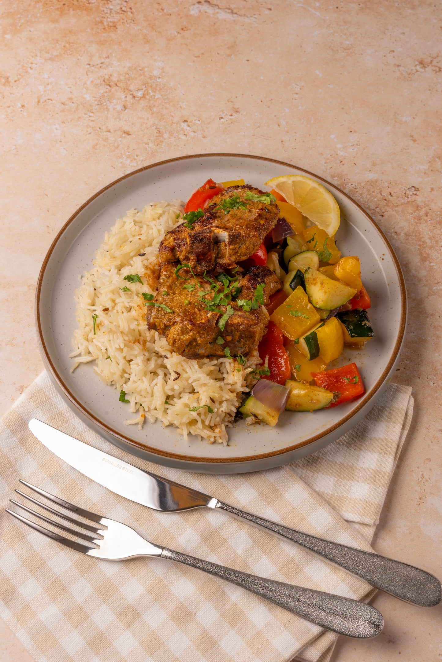 Grass Fed Lamb Chops Cooked Meal with Fragrant Rice, Fresh Vegetables & Mint Chutney – Halal, Organic & Tayyib