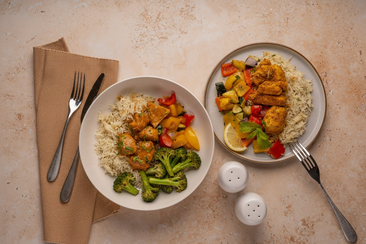 Organic Creamy Chicken with Flavoured Rice, Fresh Vegetables and a Rich Creamy Sauce