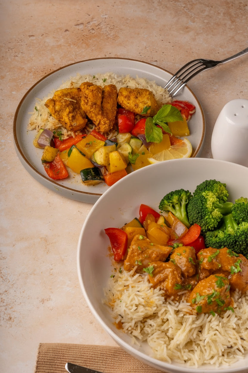 Organic Creamy Chicken with Flavoured Rice, Fresh Vegetables and a Rich Creamy Sauce